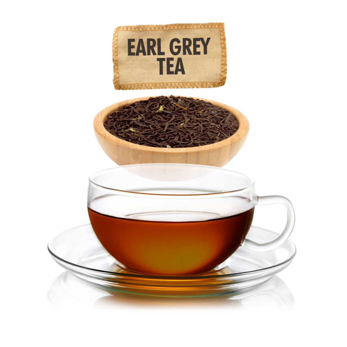 Dark amber liquid tea in a clear teacup on a saucer on a white background with a brown wooden bowl of dry tea leaves and a tag with the text "Early Grey Tea"