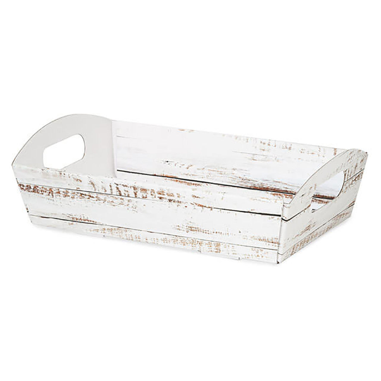 Wooden tray with a distressed white finish on a white background
