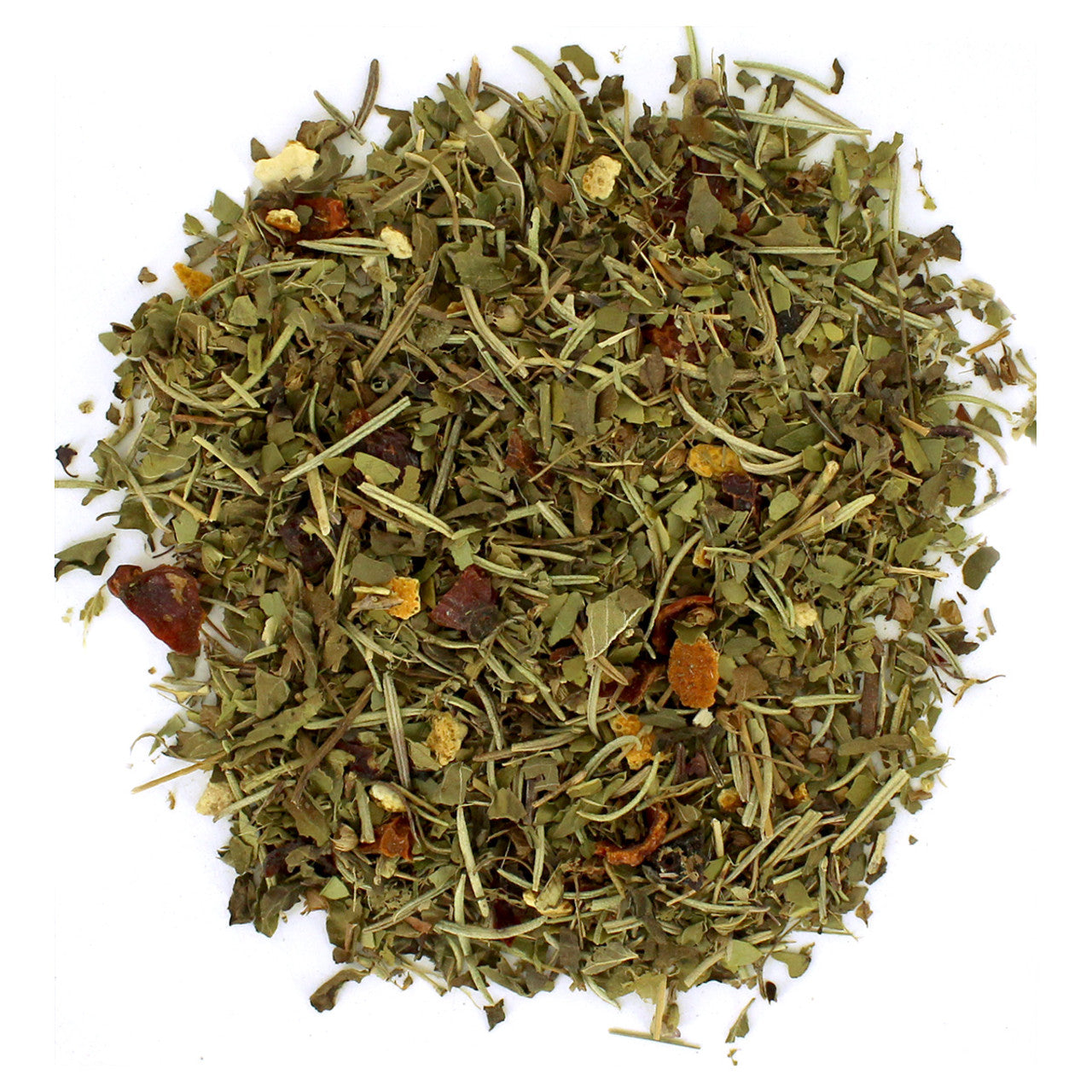 Dry loose-leaf green tea mixed with stems and fruit pieces.