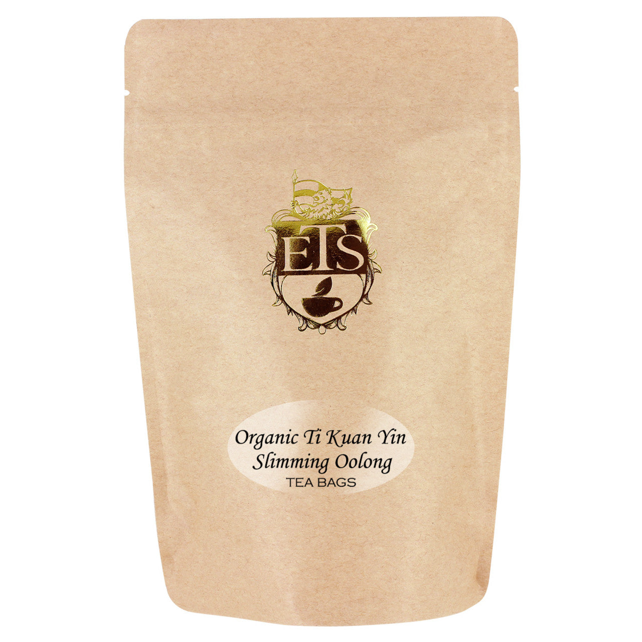 Kraft paper tea bag packaging with 'ELS' logo and text on a white background. Label for the tea is Organic Ti Kuan Yin Slimming Oolong.