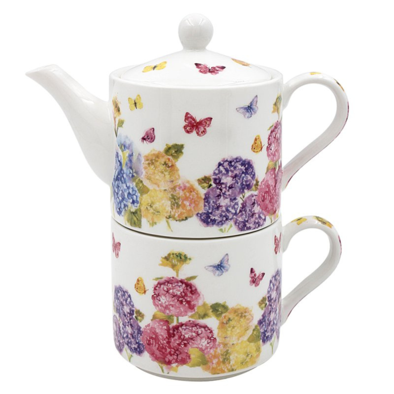 Ceramic teapot and mug set with floral and butterfly design on a white background