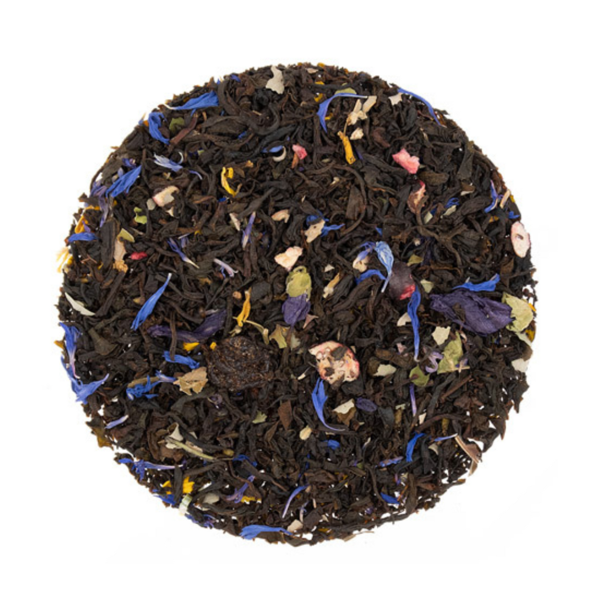 Tea leaves with colorful floral and leaf bits on a white background
