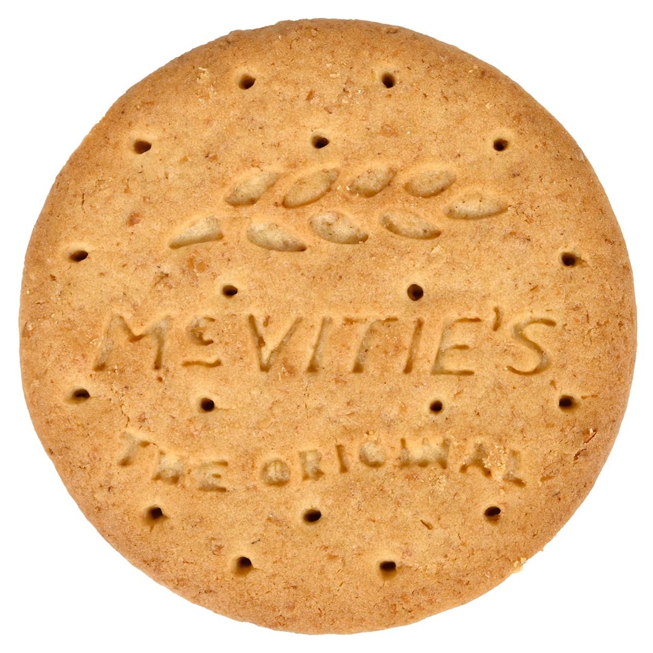 A close up of a McVitie's Digestive biscuit showing the indentation of the McVitie's name and the indentation for "The Original"