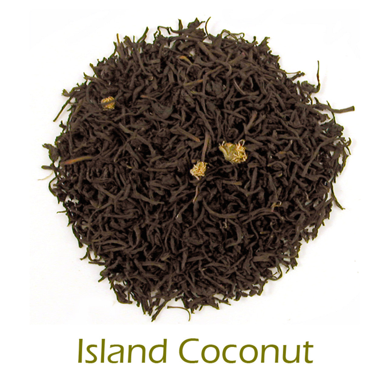 Island Coconut loose-leaf tea on a white background with product name caption