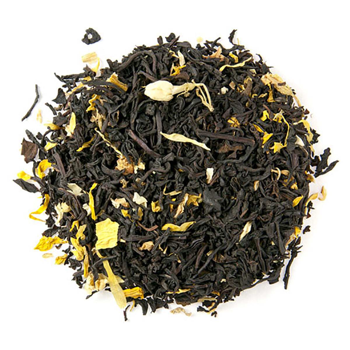 Black tea leaves with yellow flowers on a white background