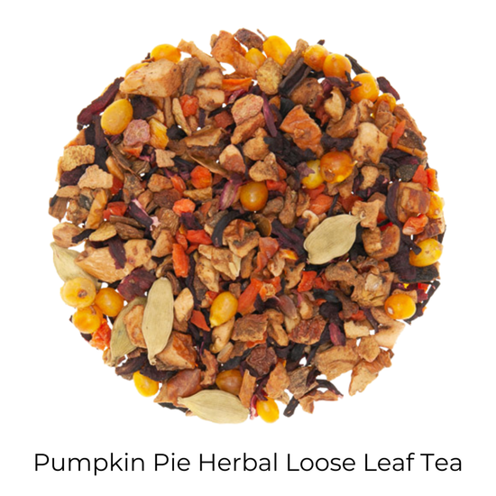 Pumpkin Pie Herbal Loose Leaf Tea loose-leaf tea in a circular pattern a white background with product name caption