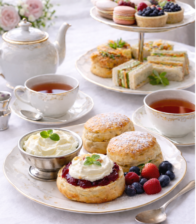 English Afternoon Tea with Clotted Cream, Scones, Berries, Jam, and Tea