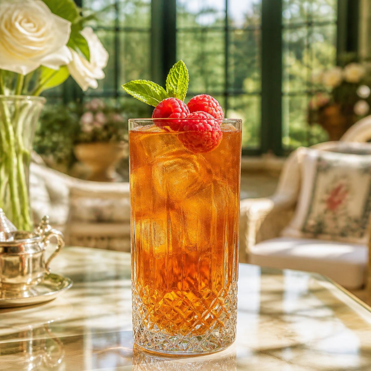A clear textured glass filled with amber iced tea and topped with two raspberries and a mint leaf, set on a reflective table in a sunlit indoor garden setting.