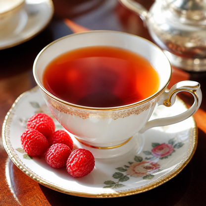 A white porcelain teacup with gold trim filled with amber tea, set on a floral saucer with fresh red raspberries, on a dark wooden table.