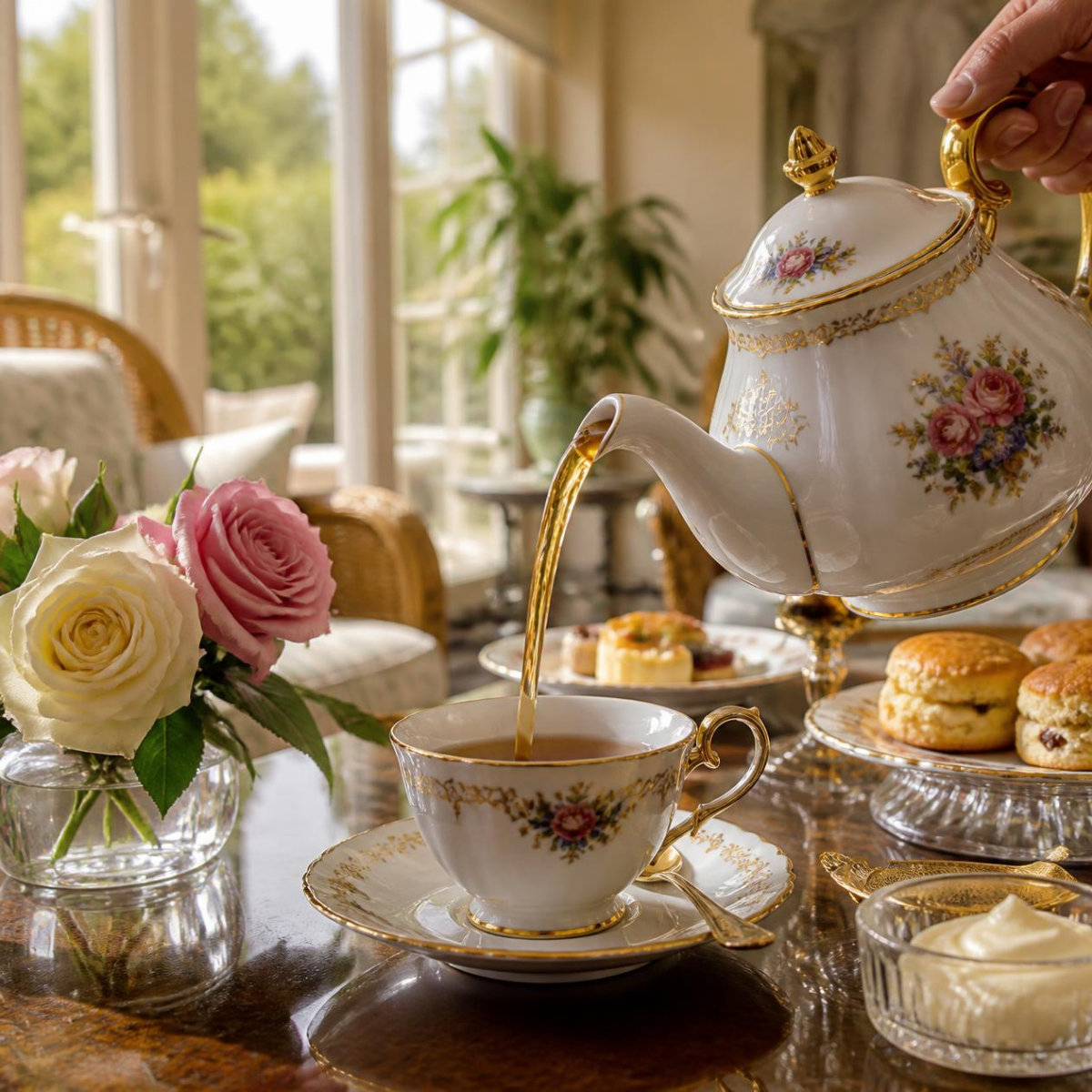 A white porcelain teapot and matching teacup with gold trim and floral decoration are arranged on a table in a bright tea room. Assam Tea is being poured from the teapot into the cup, with scones, cream, flowers, and a window in the background.