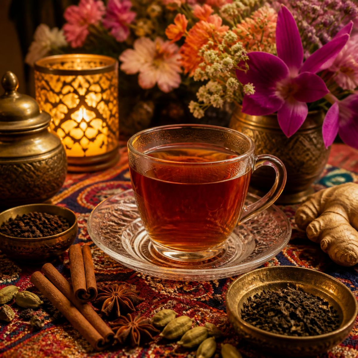 A clear glass cup filled with Assam tea sits on a matching saucer, surrounded by warm spices, star anise, cardamom pods, a brass candle holder, flowers, ginger root, and bowls of loose ingredients on a patterned textile.
