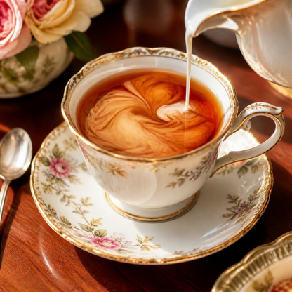 A white porcelain teacup and saucer with gold trim and pink floral detailing, filled with Assam tea and being poured from a matching creamer pitcher. A spoon rests on the wooden table beside it, with roses in the background.