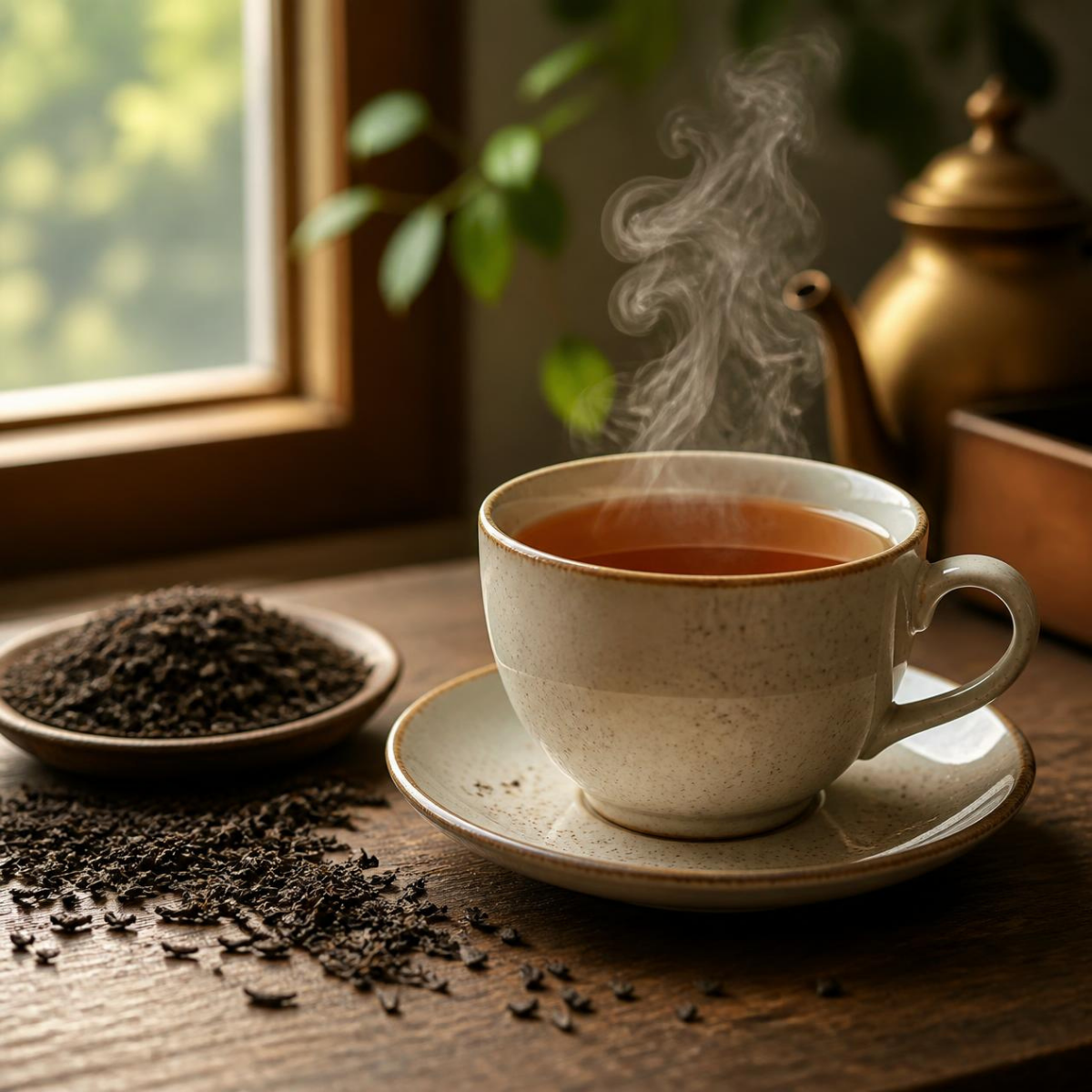 A steaming cup of Assam tea on a saucer on a wooden table, with loose tea leaves in a small dish and scattered around, a brass teapot in the background, and a window with green foliage outside.