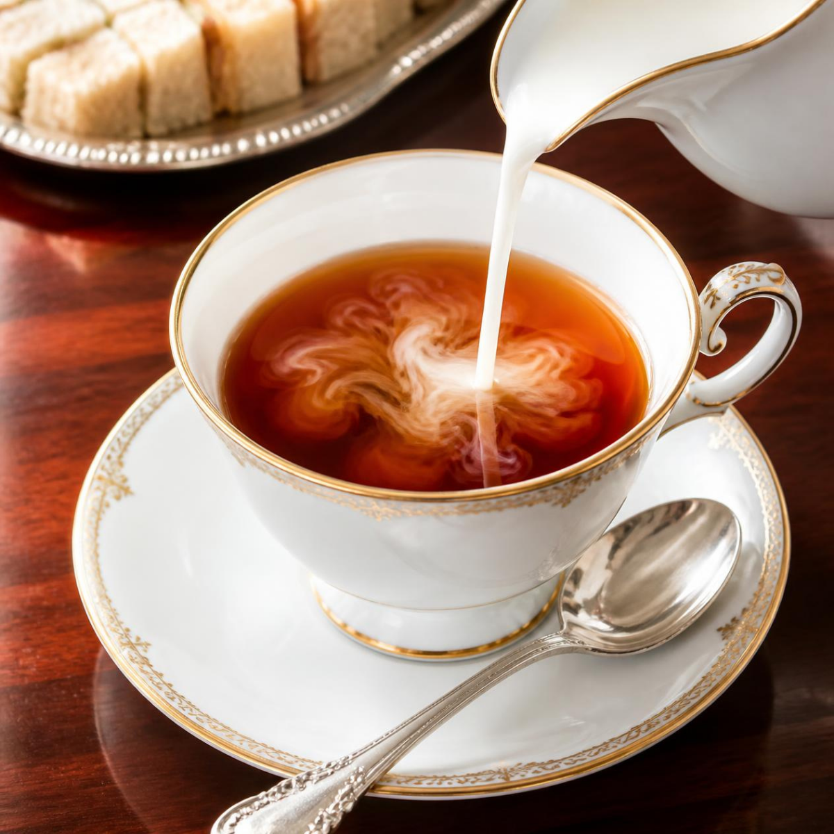 A white porcelain teacup with gold trim filled with tea, with milk being poured in from a matching creamer pitcher. The cup sits on a saucer with a silver spoon on a dark wooden table.