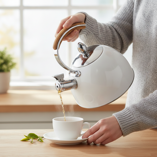 A person in a gray knit sweater pours hot water from a white kettle with a wooden handle and chrome spout into a white teacup on a saucer, set on a wooden table near a bright window.