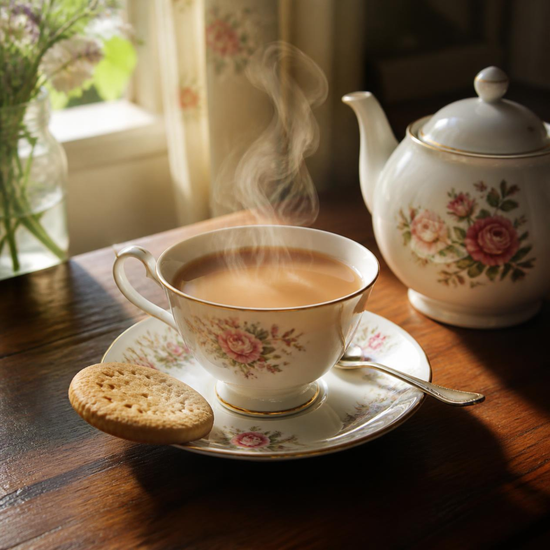A white porcelain teacup and saucer with pink floral patterns sits on a wooden table, filled with a steaming brown beverage. A round biscuit rests beside the cup, with a matching floral teapot in the background and soft sunlight streaming through a window.