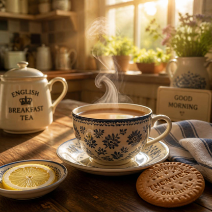 A steaming cup of tea in a blue and white floral patterned ceramic cup and saucer, set on a rustic wooden table with a matching teapot, a lemon slice, and a biscuit in a cozy kitchen scene.