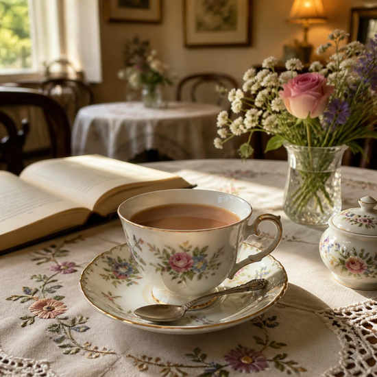 A floral porcelain teacup and saucer filled with tea sits on a lace-covered table in a softly lit dining room. An open book, a glass vase of flowers, and a matching floral sugar bowl are nearby.