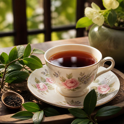 A floral ceramic teacup filled with dark tea sits on a matching saucer on a wooden table, surrounded by green leaves and a small spoon of loose tea, with a softly blurred outdoor background.