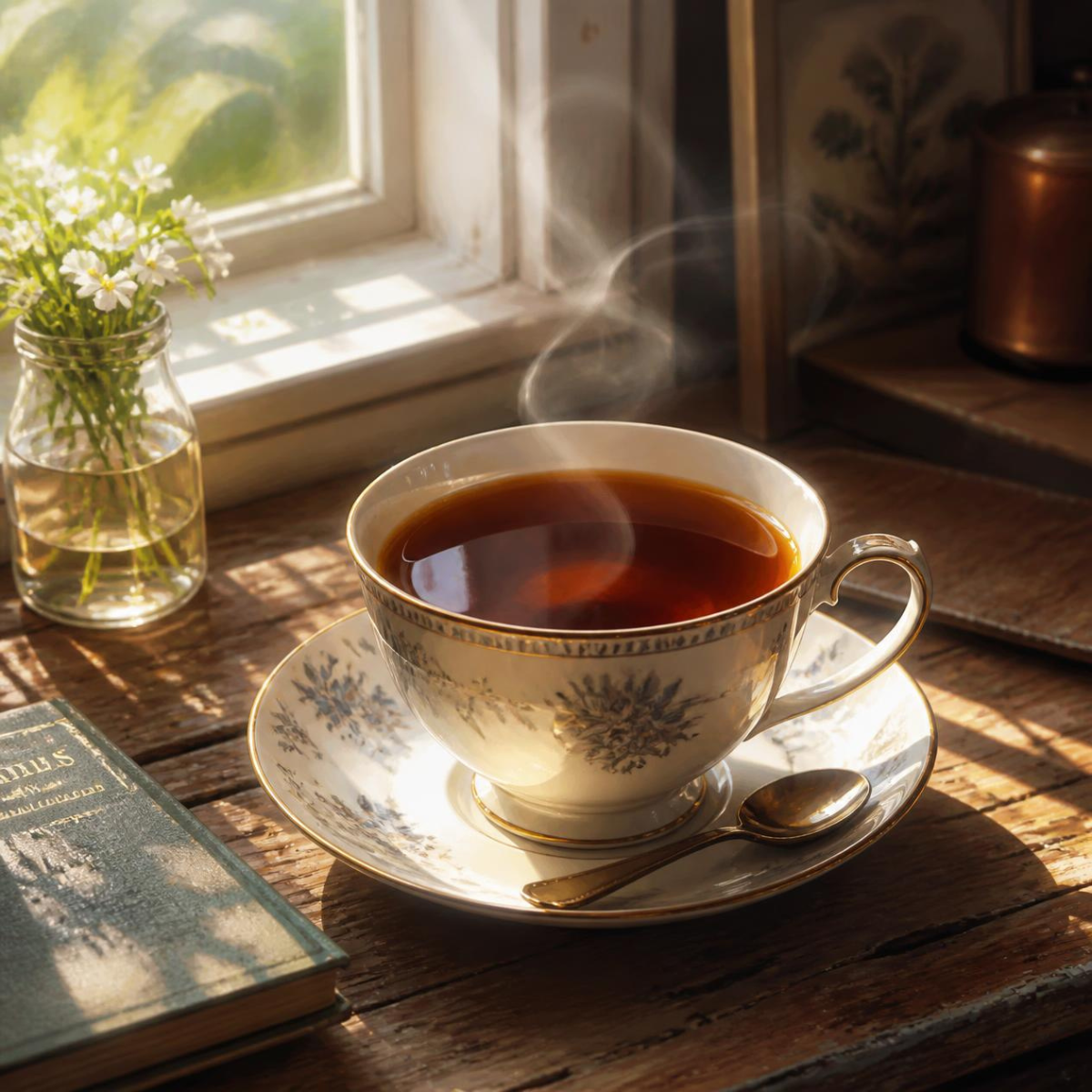 A steaming cup of tea in an ornate white teacup and saucer with blue floral detailing, set on a rustic wooden table by a window. A small glass vase with white flowers, a book, and a spoon are nearby, with warm sunlight and soft shadows creating a cozy atmosphere.
