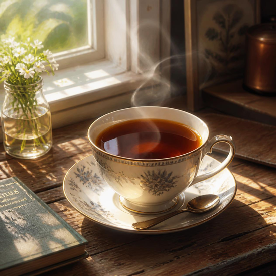 A steaming cup of tea in an ornate white teacup and saucer with blue floral detailing, set on a rustic wooden table by a window. A small glass vase with white flowers, a book, and a spoon are nearby, with warm sunlight and soft shadows creating a cozy atmosphere.
