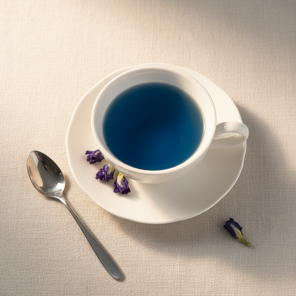 White cup with blue hot tea liquid on a beige surface with a spoon and dried flowers.