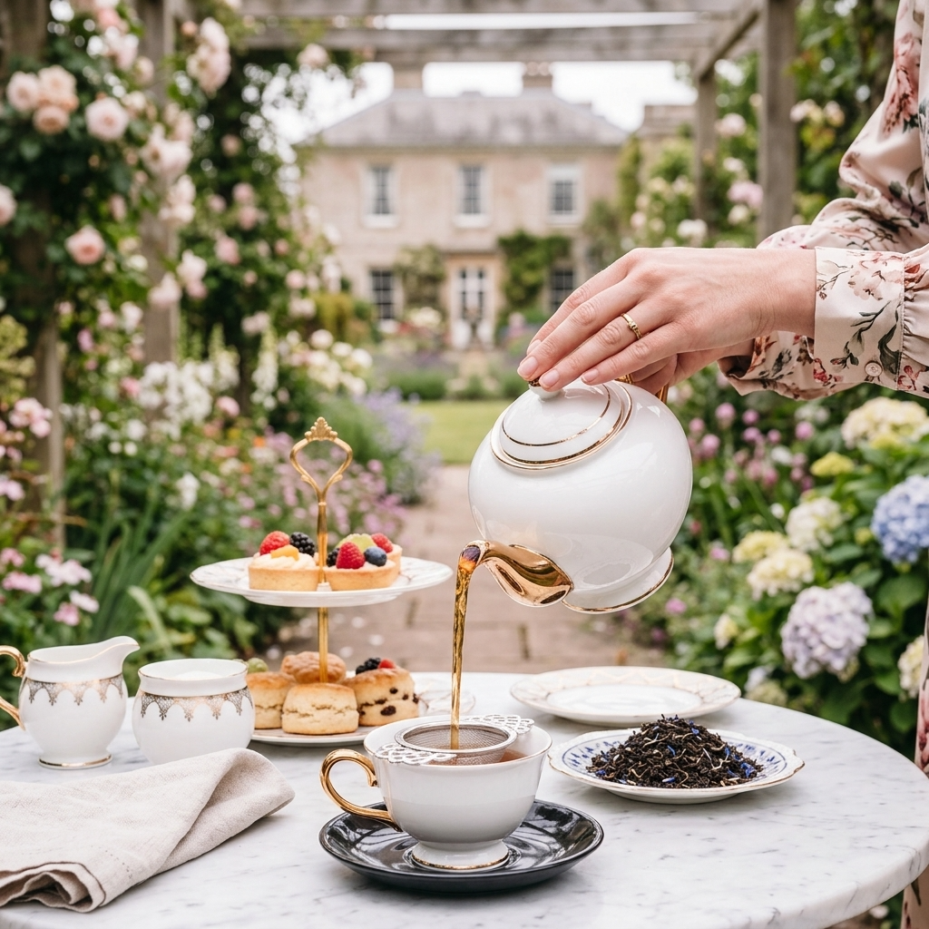 A white ceramic teapot with gold trim is being poured from into a matching white teacup on a marble table in an outdoor garden setting. Pastries on a stand, a small creamer, a jar, and a bowl of tea leaves are arranged on the table, with a woman's hand and floral-sleeved arm visible pouring the tea.