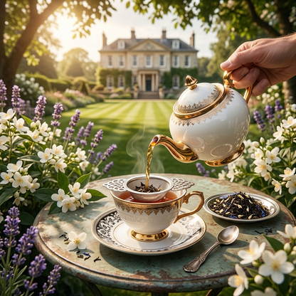 A hand pours tea from an ornate white and gold teapot into a matching teacup and saucer on a rustic table, surrounded by white flowers and purple blossoms, with a large house in the background.