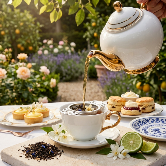 Elegant display of Buckingham Palace Black Tea with a teapot pouring the tea into a mug.  Scones and pastries are on the table in a garden center.