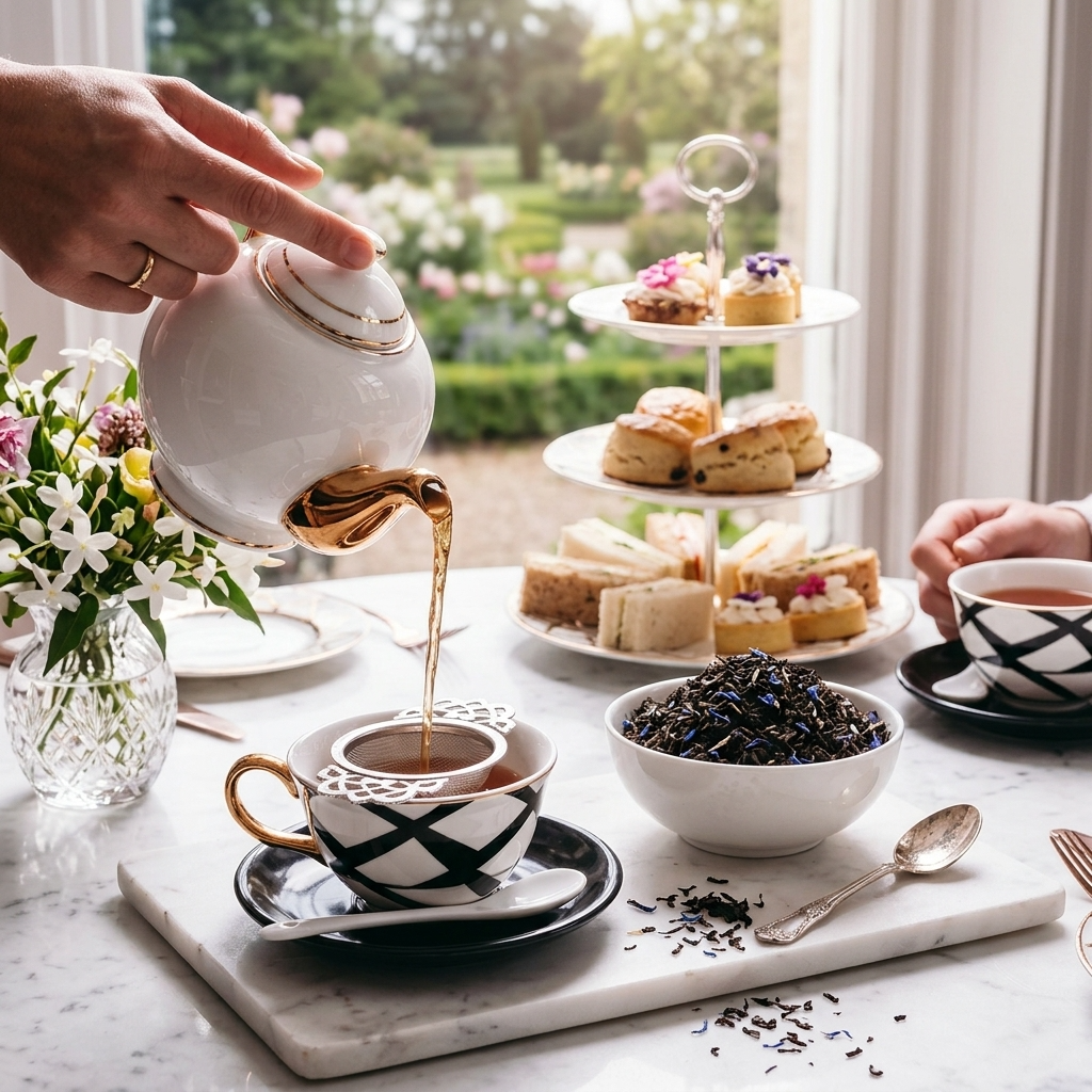 A hand pours tea from a white ceramic teapot with gold trim into a matching white and black patterned teacup on a marble tray. A second person's hand is visible at the right holding a cup.