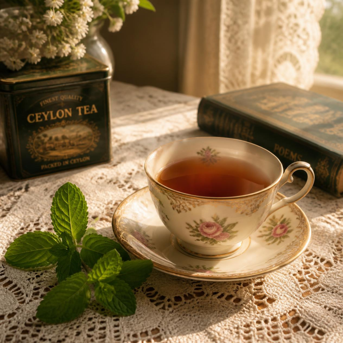 A vintage-style floral teacup filled with tea sits on a matching saucer on a lace tablecloth, with mint leaves, a green Ceylon tea tin, and an old book in a softly lit interior setting.