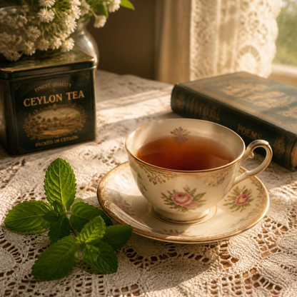 A vintage-style floral teacup filled with tea sits on a matching saucer on a lace tablecloth, with mint leaves, a green Ceylon tea tin, and an old book in a softly lit interior setting.