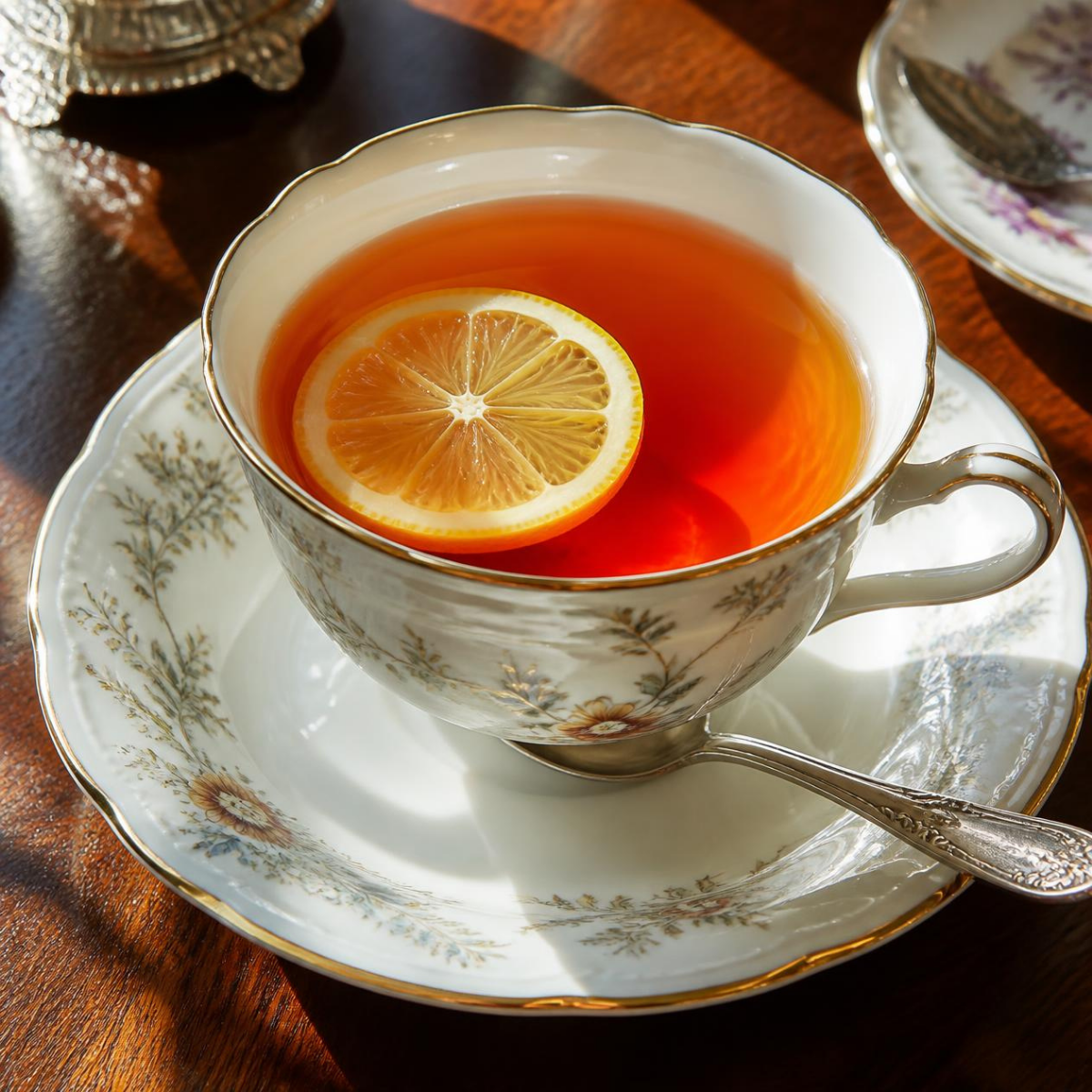 A white porcelain teacup and saucer with delicate gold and floral detailing, filled with amber Ceylon tea and topped with a lemon slice, set on a dark wooden table.