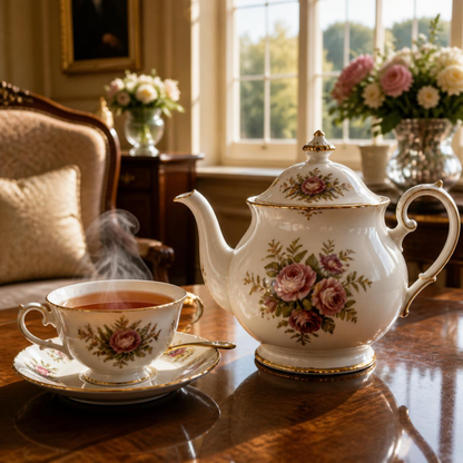 A white porcelain teapot and matching teacup with pink rose floral prints and gold trim, set on a polished wooden table in a sunlit room with a cup of Ceylon tea steaming