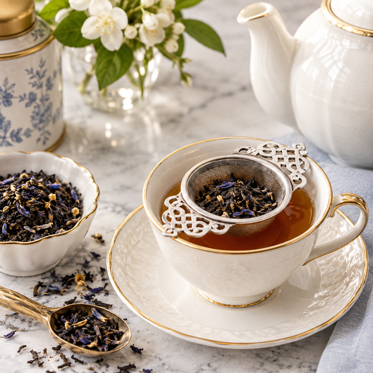 Loose Tea in Empress Strainer over tea cup
