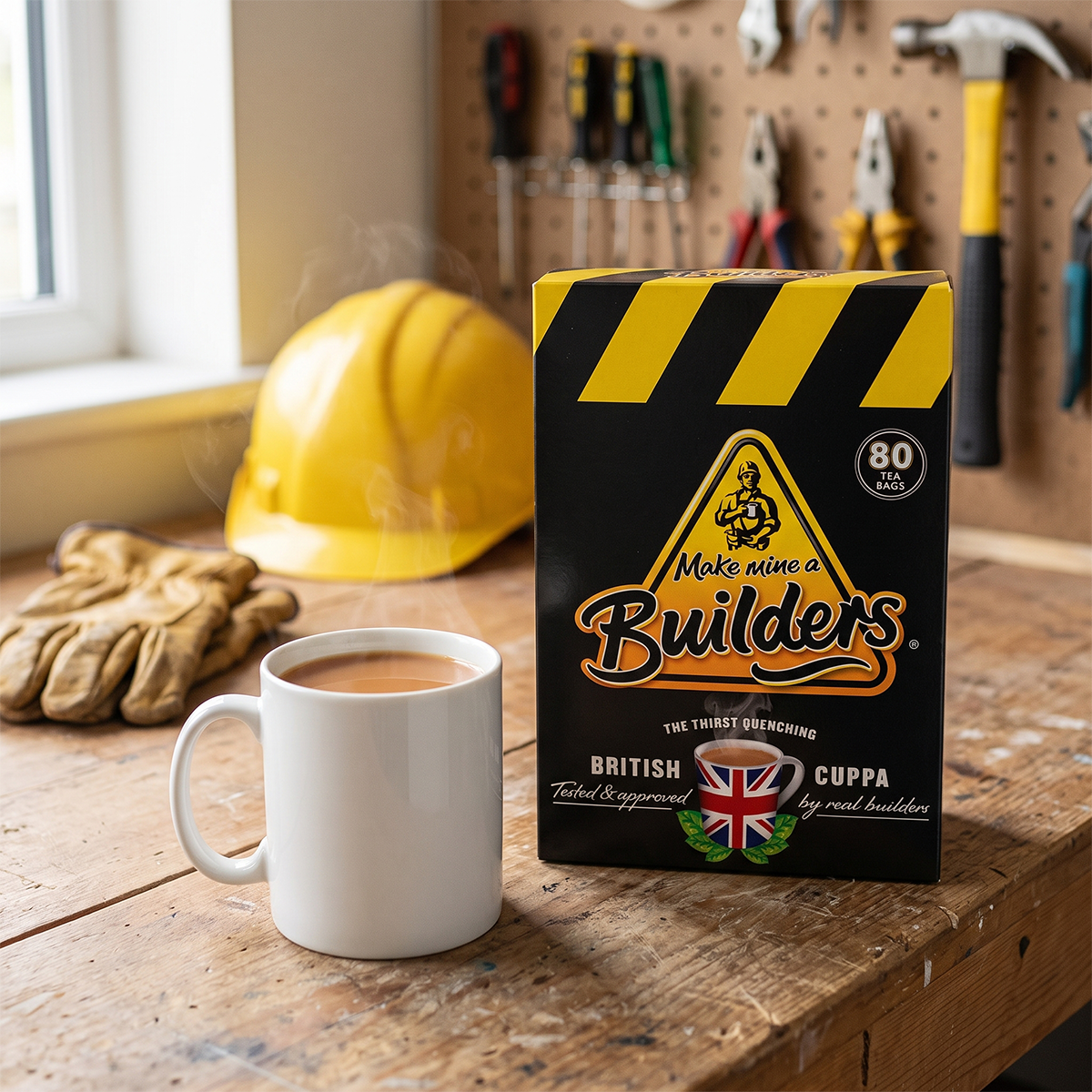 Builder's tea box on a festive table with people raising mugs, a Christmas tree behind