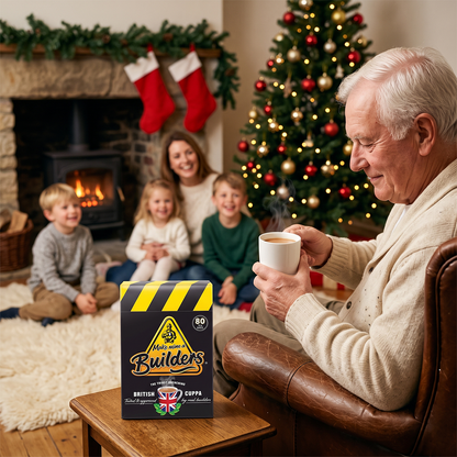 Builder's tea box with an older man holding a mug, family by a fireplace and Christmas tree