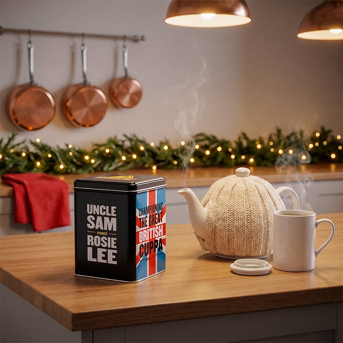 Uncle Sam Rosie Lee tea tin on a kitchen counter with a teapot, mug, and copper pans