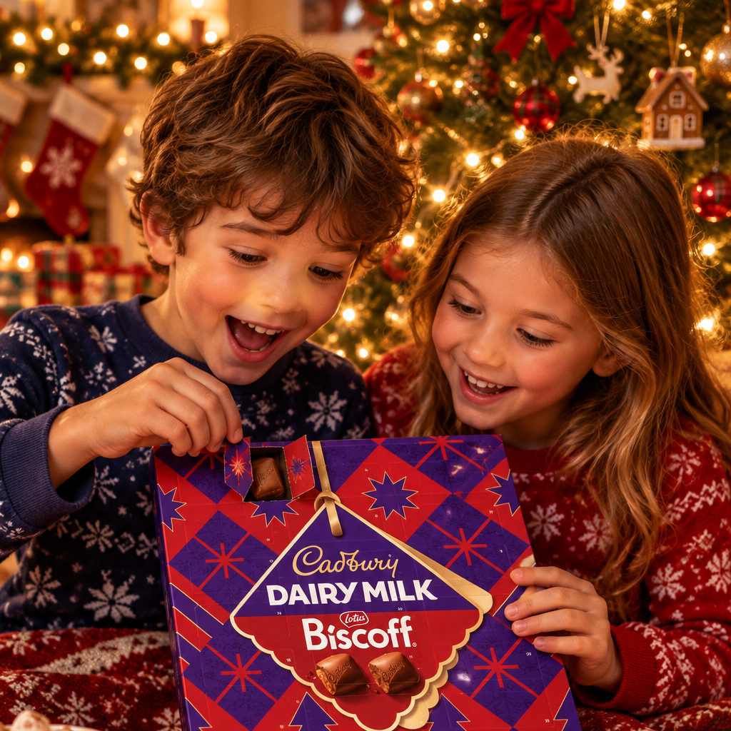 Two children opening a door to the advent calendar