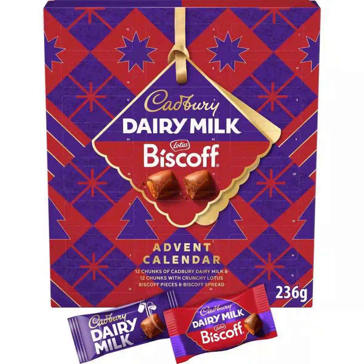Cadbury Dairy Milk Biscoff Advent Calendar (236g). The purple and red festive box displays a large central tag with Cadbury and Biscoff branding, accompanied by two wrapped mini chocolate candies at the bottom.
