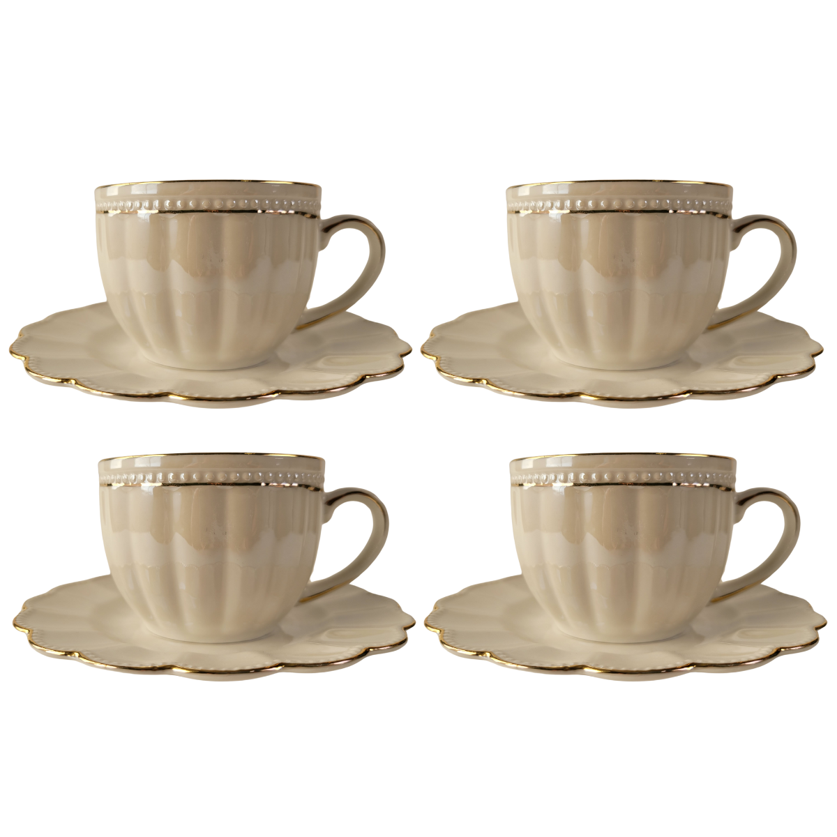 Luster Gold Teacup and Saucer - White - Set of 4