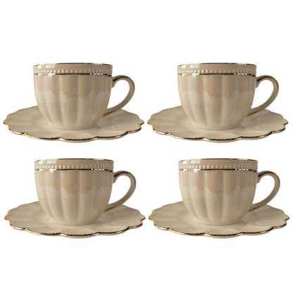 Luster Gold Teacup and Saucer - White - Set of 4
