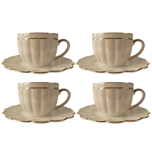 Luster Gold Teacup and Saucer - White - Set of 4