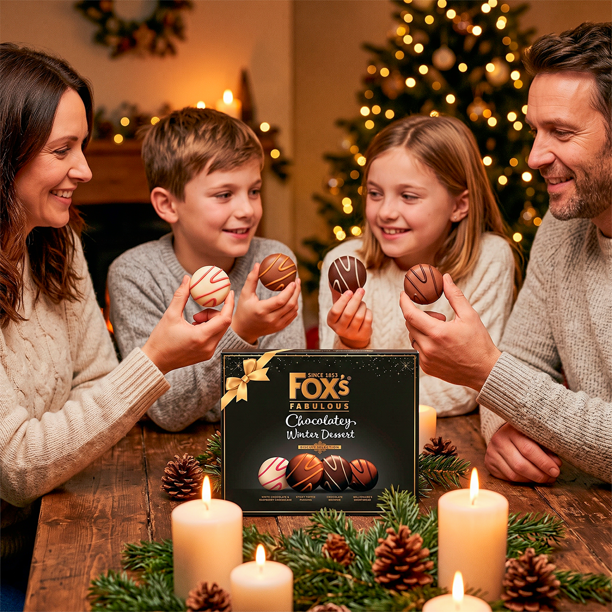 Family holding cookies at a table with a lit candle and a Fox’s box, Christmas tree in the background