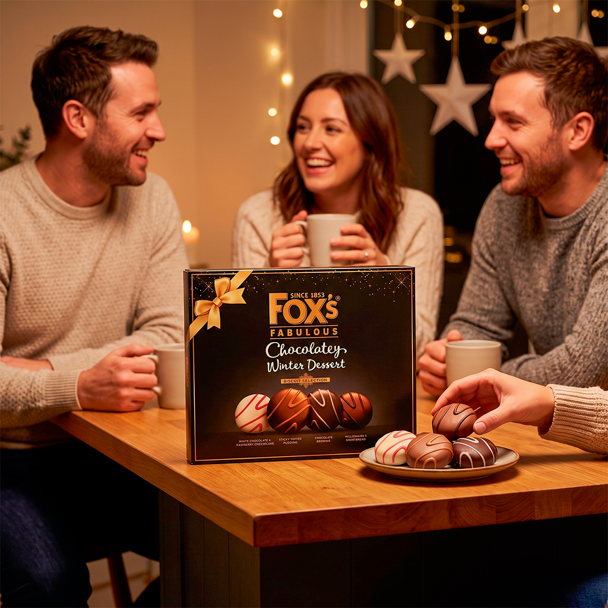 Three adults at a table with mugs, a plate of cookies, and a Fox’s box, festive lights behind them
