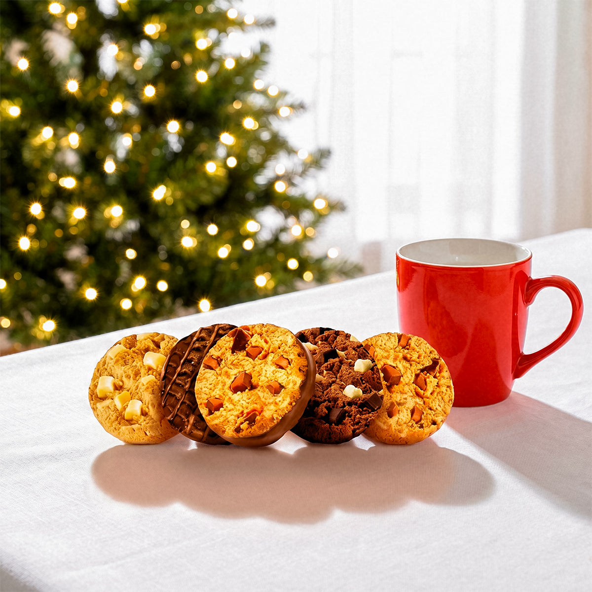 Cookies on a plate with a red mug in front of a Christmas tree