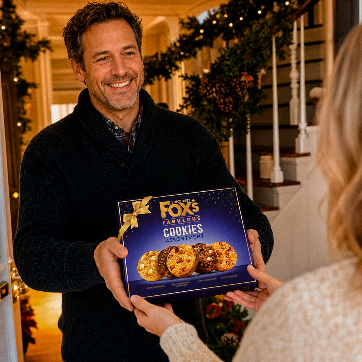 Man holding a blue box of cookies in a Christmas-decorated kitchen