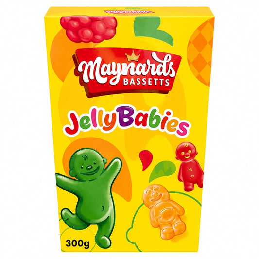 Maynards Bassetts Jelly Babies 300g carton. The vibrant yellow box displays colorful text and large images of assorted green, orange, and red jelly baby candies.