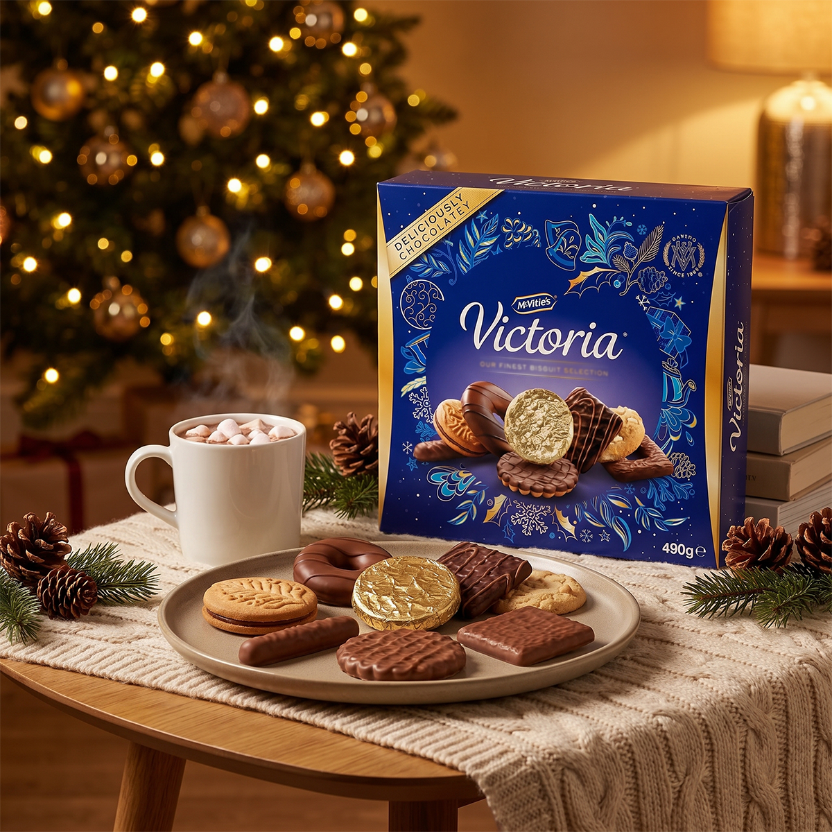 Image 1: Victoria biscuit box with a plate of assorted biscuits, a mug, and a Christmas tree in the background.