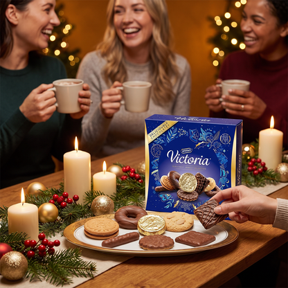 women holding mugs at a table with a Victoria biscuit box, plate of biscuits, candles, and festive greenery